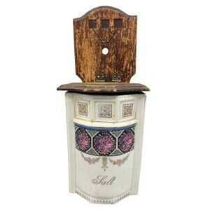 Vtg German Salt Box Wood Lid Floral Porcelain Body Wall Mount Art Nouveau Style
